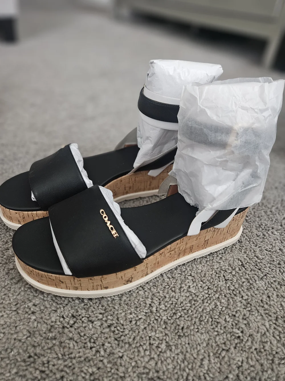 Coach Black Talulah Leather Wedge Sandals